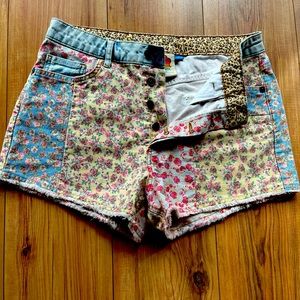 Farm Rio Ultra High-Rise Patchwork Denim Shorts